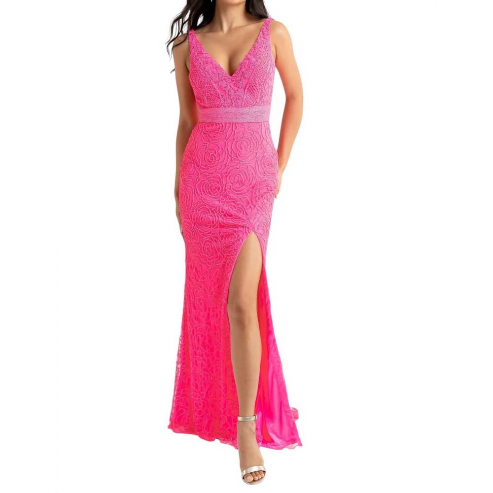 NEW PRIMAVERA v-neck prom dress in neon pink